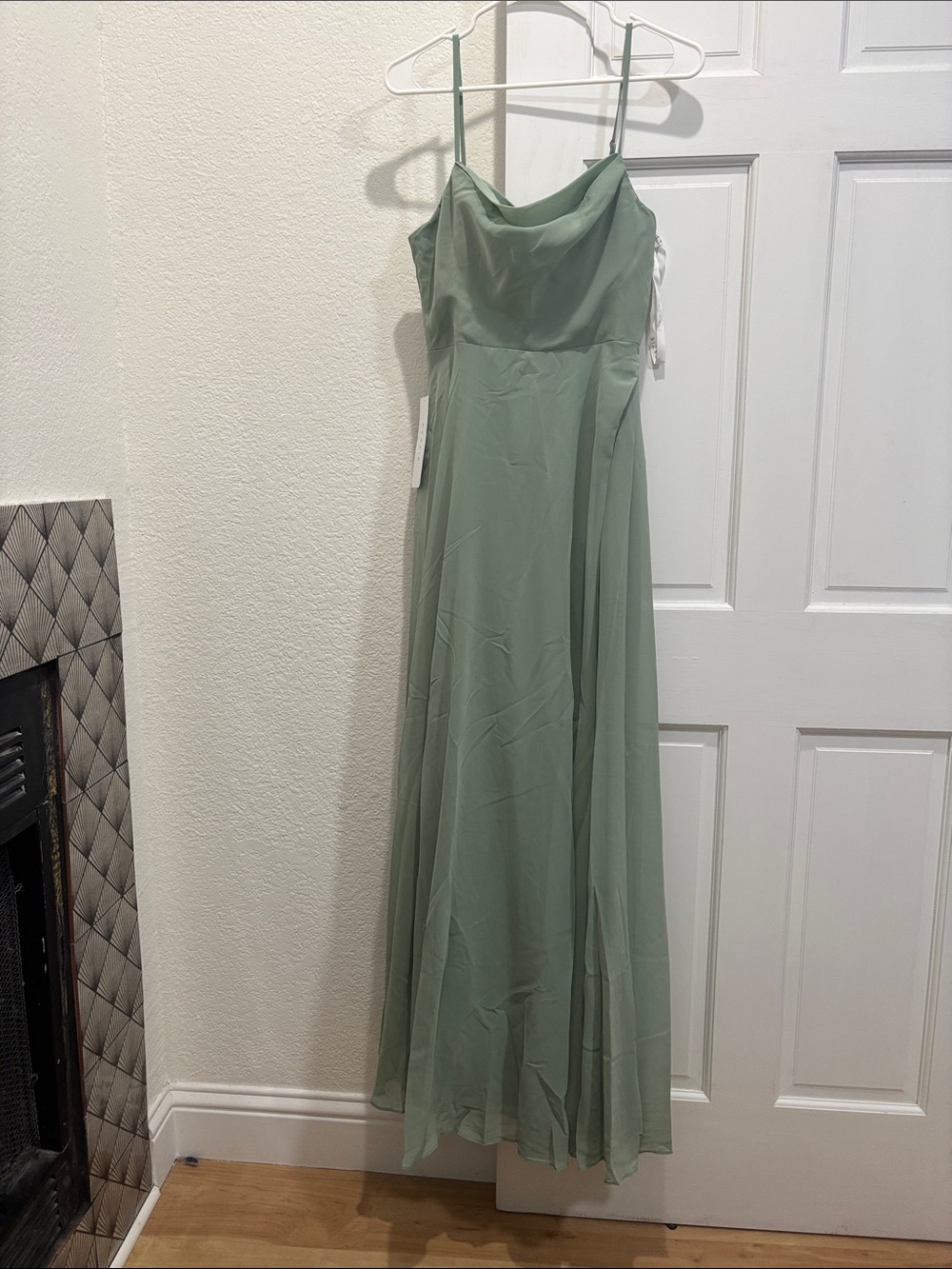 Azazie Sage Green Cowl Neck Spaghetti Strap Maxi Dress